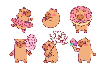 vector cute capybara set. Cartoon clip art isolated on transparent background. Hand drown design elements.