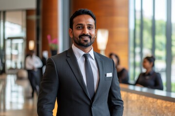 Fototapeta premium Confident businessman in a tailored suit stands in a modern office setting with blurred colleagues and large windows, showcasing a professional atmosphere