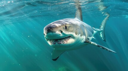 Great White Shark Close-Up in Sunlit Water