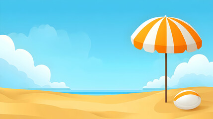 Beach scene sunny day, orange striped umbrella, beach ball on sandy beach, ocean background, ideal for summer holiday promotions