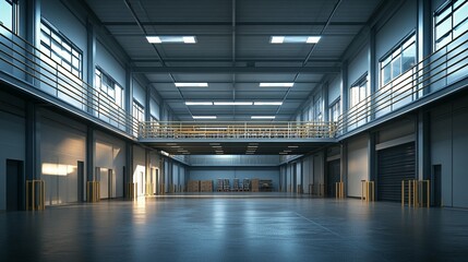 Fototapeta premium Spacious modern warehouse interior with high ceilings, mezzanine floor, and large windows.