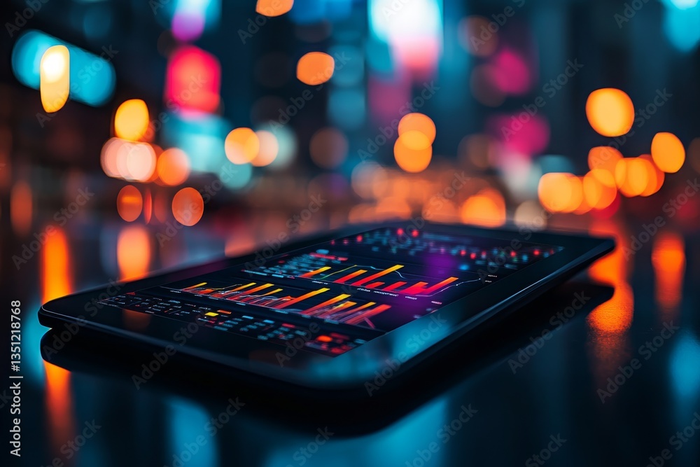 Poster Tablet displays a colorful marketing dashboard with analytics. The professional workspace features a blurred office background, highlighting the focus on data