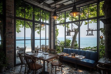 Fototapeta premium Coastal cafe interior with ocean view