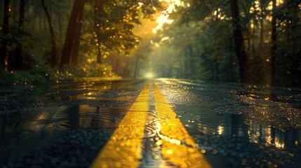 Obraz premium Sunlit Road Through Forest After Rain