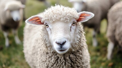 Fototapeta premium Close-up Portrait of a Fluffy Sheep in a Field