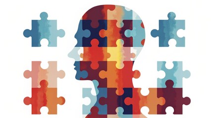 A colorful puzzle piece silhouette represents the complexity of the human mind and emotions, illustrating themes of identity and mental processes.