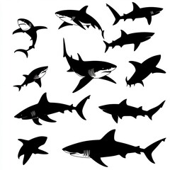 Shark silhouettes, ocean wildlife, aquatic animals, underwater scene, illustration for marine biology