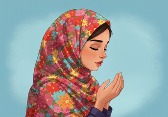 A Digital Illustration Of A Young Girl In Prayer Wearing A Floral Hijab 16