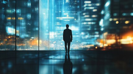 Fototapeta premium Night City Visionary: A Silhouette of Success Against a Dazzling Metropolis