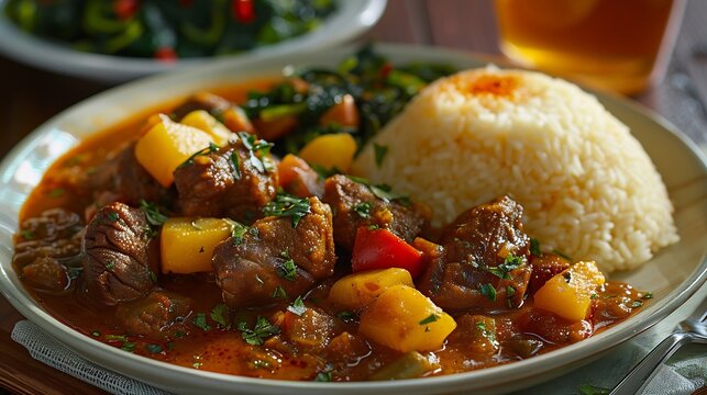 Rwandan ugali maize porridge vegetable stew neatly plated side by side on clean white ceramic