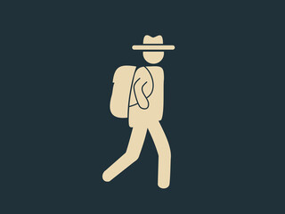 A minimalist vector illustration of a walking traveler with a backpack and a hat