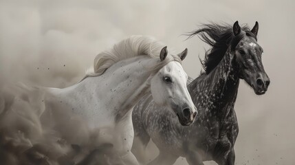 Fototapeta premium Two Horses Running Through Dust Cloud
