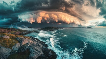 Naklejka premium Breathtaking Panoramic View of Dramatic Storm Over Ocean Landscape