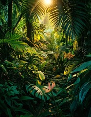Floresta tropical exuberante com luz solar intensa