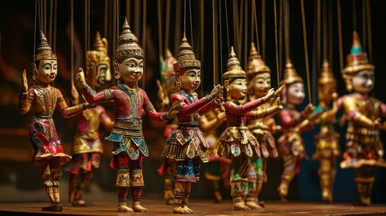 Fototapeta premium Traditional Cambodian Puppet Show with Hand-Carved Figurines