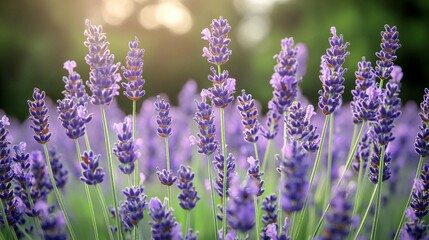 Fototapeta premium Vibrant purple lavender flowers in a field, bathed in warm sunlight.