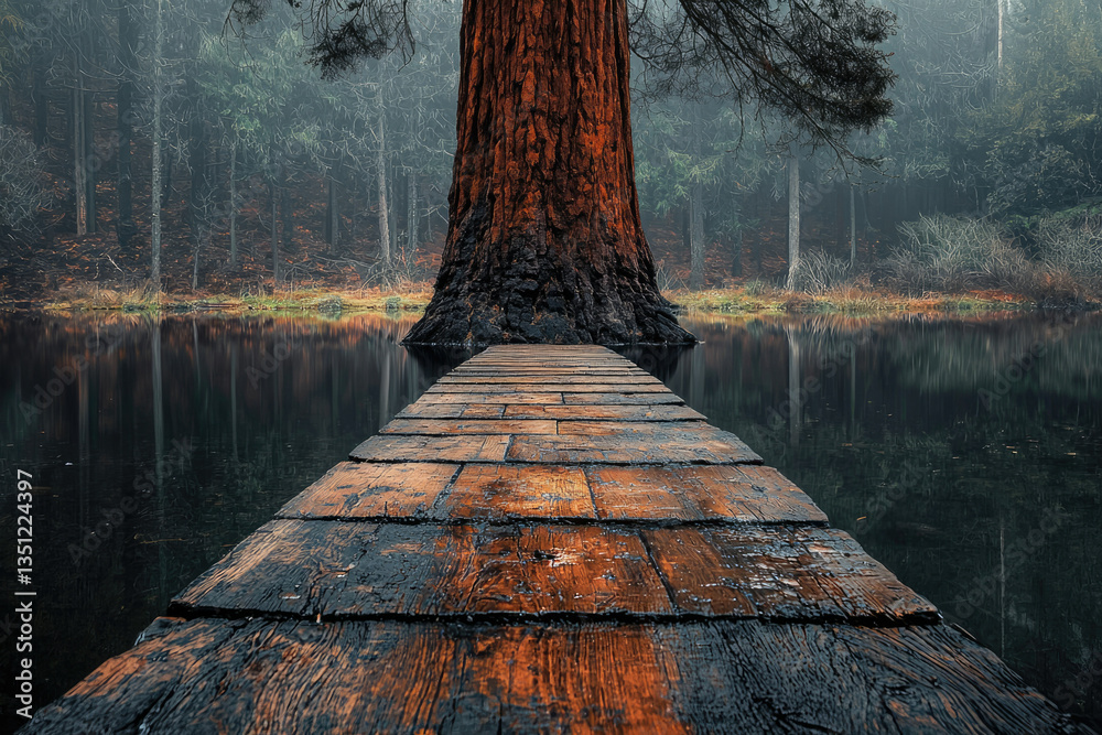 Poster Wooden path leads to a giant tree in a misty forest reflected in a calm lake.