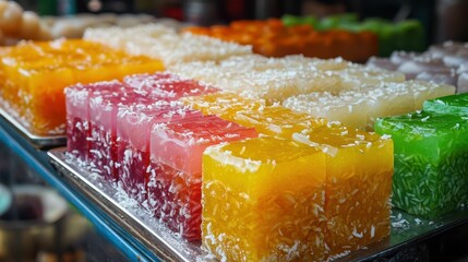 Colorful Cambodian Desserts on a Tray with Coconut Topping