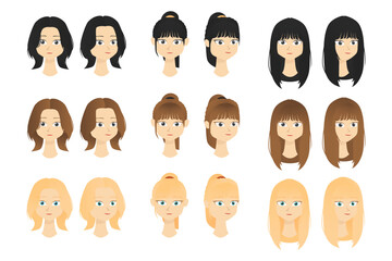 Flat character female hairstyle in various color and style short ponytail and long hair with bang with front and side view perfect for asset design vector art illustration template idea