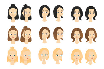 Flat character female hairstyle in various color and style short hair with bun wolf cut with front and side view perfect for asset design template idea