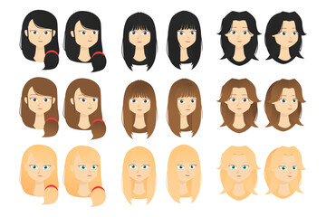 Flat character female hairstyle in various color and style of long hair with front and side view perfect for asset design vector art illustration template idea