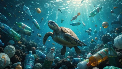 Fototapeta premium Sea Turtle Swimming Amongst Plastic Waste in a Colorful Underwater Environment Filled with Debris