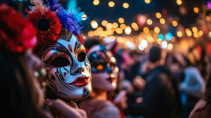 Colorful Venetian carnival masks and decorations fill the frame, creating a lively ambiance with subtle light reflections and room for additional text or design elements