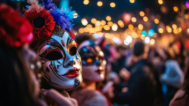 Colorful Venetian carnival masks and decorations fill the frame, creating a lively ambiance with subtle light reflections and room for additional text or design elements