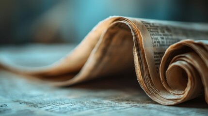Crispy Curling Newspaper Page with Edges and Soft Focus Background
