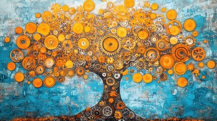 An artistic depiction of a tree made from metal gears