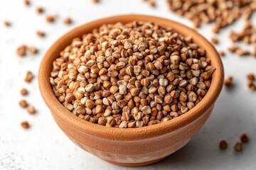 A terracotta bowl filled with a pile of grains on a white surface