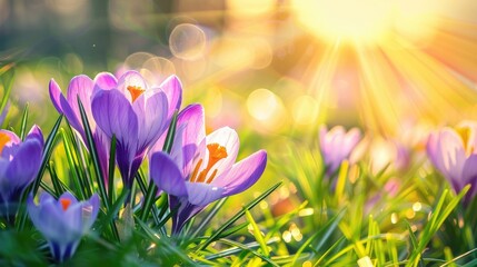 Springtime Crocuses in Sunlit Meadow