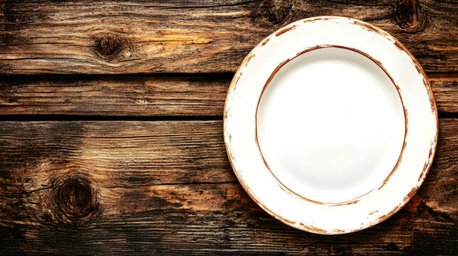 Rustic white plate on weathered wooden table, empty space for food, menu, or text overlay. Perfect for blogs, restaurants, or culinary websites.