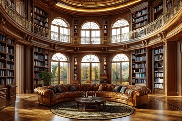 Fototapeta premium Luxurious round library with leather couch, overlooking autumn scenery. Possible use stock photo for interior design
