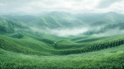 Fototapeta premium Misty green rolling hills and valleys landscape.