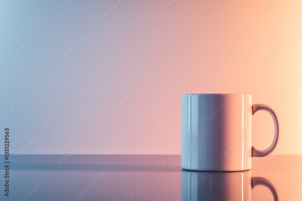 Aufkleber a plain white ceramic mug sits on a smooth, reflective surface, illuminated by a light gray gradient