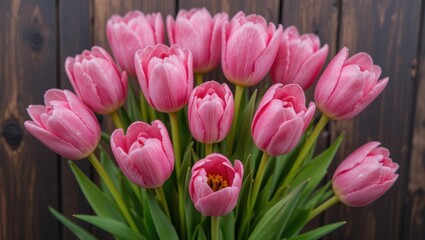 Fototapeta premium Beautiful Pink Tulips Blooms Arrangement Against Dark Wooden Background