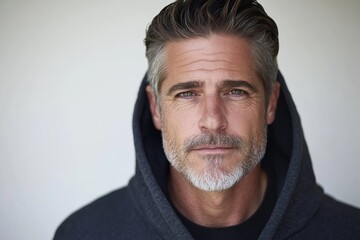 Fototapeta premium Mature man with a salt-and-pepper beard stands confidently, wearing a fitted hoodie, radiating approachability and warmth against a smooth white background