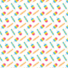 Seamless pattern with popsicles.Colorful ice cream repeat pattern isolated on white background.Summer sweet element, popsicle stick in pink blue yellow.Vector graphic illustration. 
