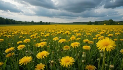 Obraz premium Vibrant Dandelion Meadow Under Cloudy Skies A Scenic View of Yellow Flowers Blooming in a Lush Green Field Beautiful Natural Landscape with Dandelions