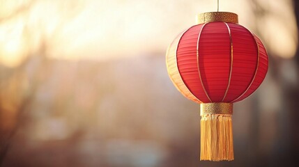 Obraz premium Red Chinese lantern hanging outdoors at sunset.