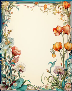 A page border of delicate watercolor flowers and metalpoint around negative space or copy space.