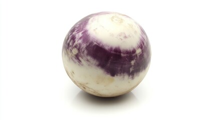 A small, round turnip with a smooth purple and white skin, isolated on a white background.