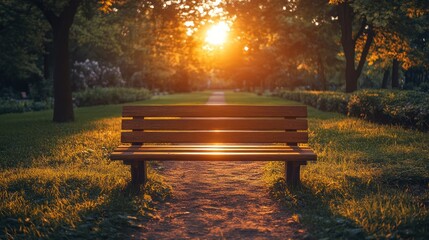Golden Hour Serenity: A park bench bathed in the warm glow of the setting sun, inviting moments of peace and reflection.