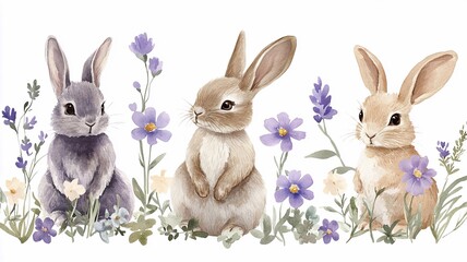 Obraz premium Spring Soft Bunny with Purple Flowers set. Adorable watercolor rabbit illustration isolated, cute Easter animal clipart