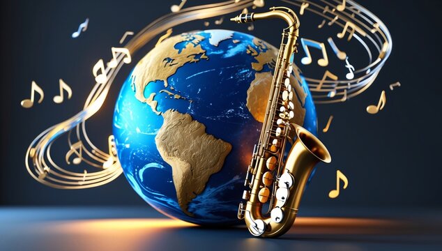 A golden saxophone beside a globe, with musical notes swirling around, symbolizing the universal language of music.