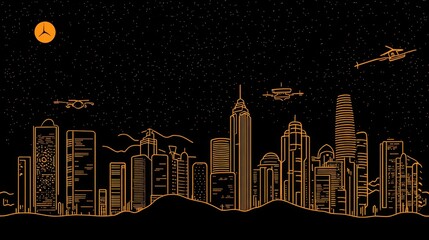 Fototapeta premium A futuristic city skyline under a night sky with aircraft shown