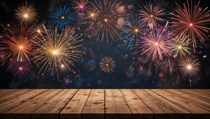 Colorful Fireworks Exploding in the Night Sky Over Rustic Wooden Table for Celebrations