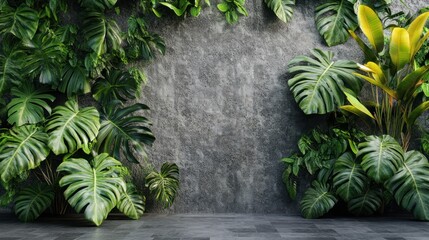 Obraz premium 3D visualization, showcasing a neutral grey stone surface with vibrant green leaves forming a lush background.