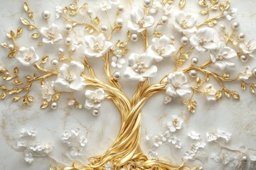 A 3D wallpaper mural featuring a golden tree of life with white pearl accents and floral details. The luxurious design creates a sense of elegance and  